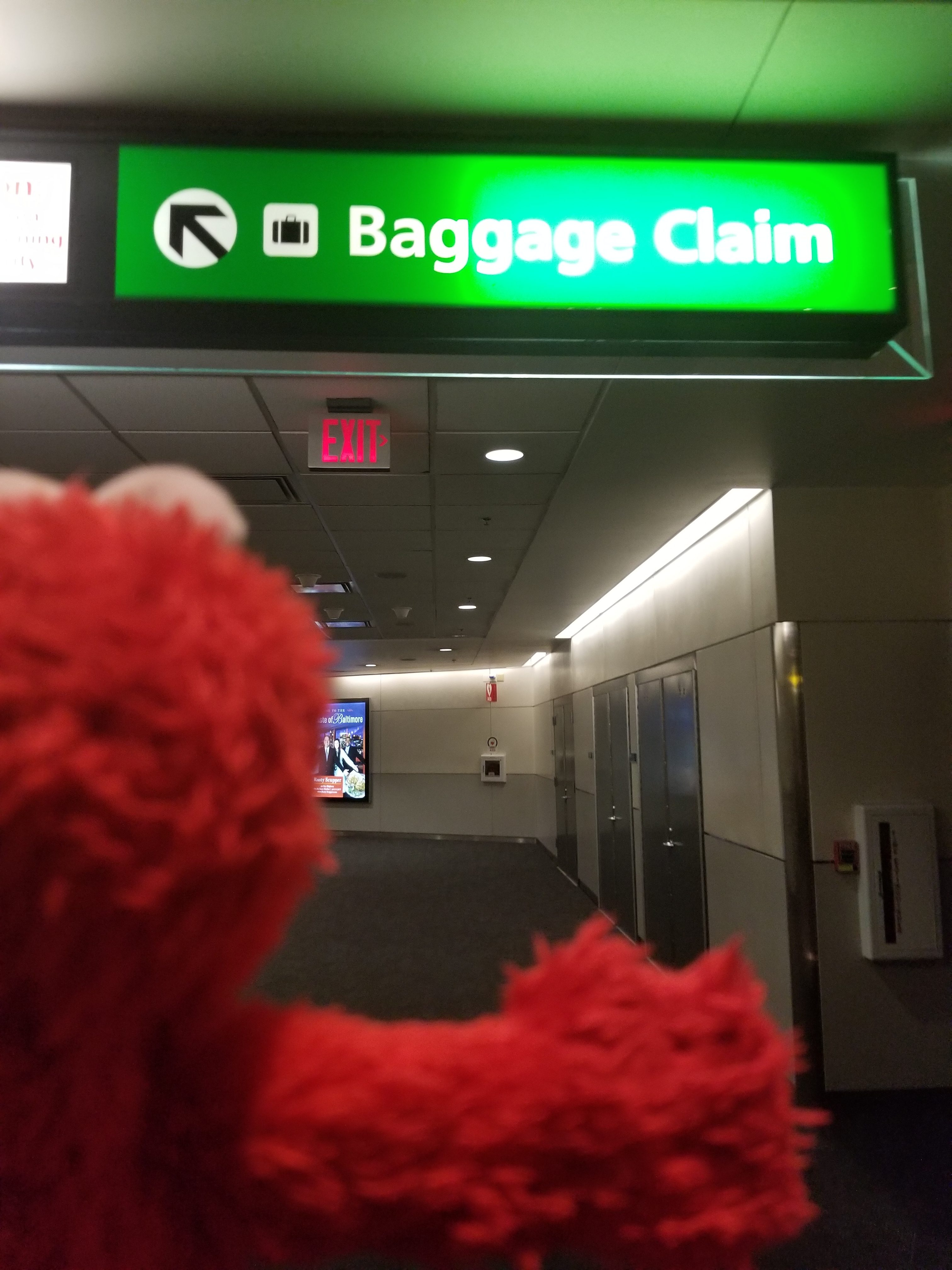 Elmo needs to follow the signs to Baggage Claim!